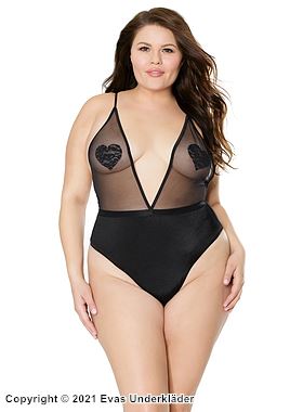 Freizügiger Dessous-Teddy, offener Schritt, tiefer Ausschnitt, transparente Einlagen, Plus Size